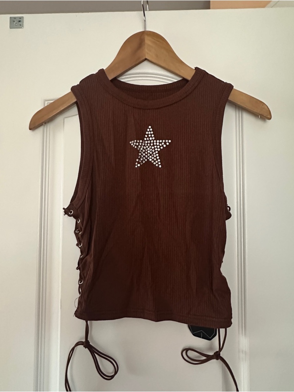 Ribbed Brown Sleeveless Tank with Star Rhinestone Accent